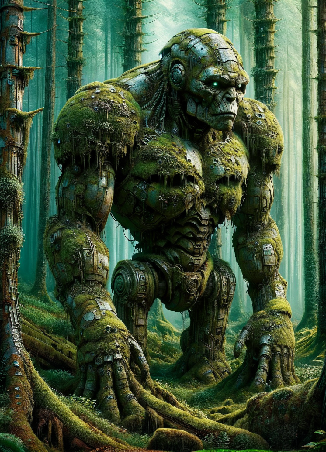 A colossal ais-trnshd golem covered in moss, slumbering within a forgotten forest <lora:ais-trnshd-sdxl:1>