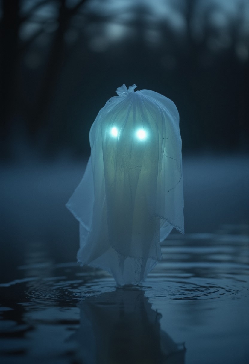 Imagine a serene, dark night with a thin veil of mist Standing in an urban street corner. The water of a near pond reflects the deep, starless sky, its surface only disturbed by a faint breeze. In this quiet, moody setting, a lone translucent white plastic bag is caught by the wind, gliding effortlessly over the water. The bag appears ethereal, almost ghost-like, its shape mimicking a tiny specter. Two glowing, faintly luminous eyes seem to form in the folds of the plastic, their light softly reflected in the dark surface of the lake. The surrounding air feels heavy with mystery, as the eerie apparition floats silently across the water, embraced by the cold, damp fog.