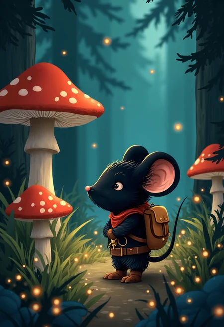 children's story book art style of a black mouseguard mouse with a small adventuring backpack in the middle of a beautiful Forrest that had red capped mushrooms, small fire flies are dotted across the scene providing light in the darkness