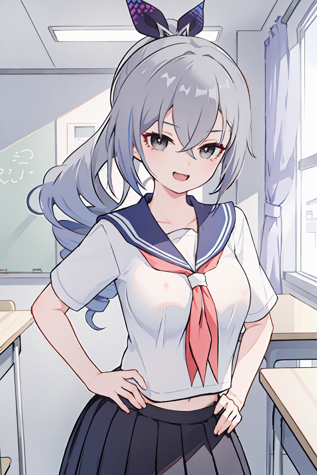 1girl, silver wolf \(honkai: star rail\), small breasts, drill ponytail,  serafuku, pleated skirt,cowboy shot, looking at viewer, smug, open mouth, naughty face, hand on hip, classroom, indoors, depth of field