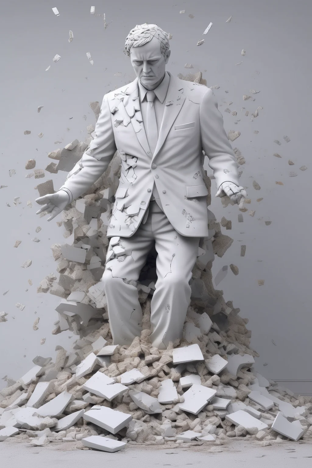 <lora:Daniel Arsham Style:1>Daniel Arsham Style - The Broken Promises Create a satirical artwork using AI that showcases a shattered statue or monument of a political figure surrounded