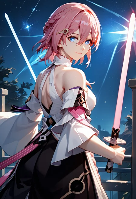 score_9,score_8_up,score_7_up,source_anime,ASTA_(HONKAI_STAR_RAIL),1girl,solo,looking at viewer,smile,short hair,blue eyes,shirt,skirt,hair ornament,holding,hair between eyes,closed mouth,bare shoulders,white shirt,pink hair,braid,weapon,detached sleeves,hairclip,medium hair,looking back,sword,wide sleeves,holding weapon,from behind,holding sword,white sleeves,energy sword,lightsaber,