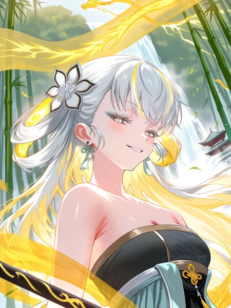 <lora:nai_ILL:0.8>,
ulrich style, <lora:ulrich_style_locon_illustriousXL_ver:0.8>,
<lora:Glowing_Spot_Color_-_Illustrious:0.6>, glowing eyes, streaked hair, glowing inner hair, glowing streaks,
1girl, jinhsi \(wuthering_waves\),
white hair,blonde_eyes, large_breasts, (upper_body,close-up:1.4),Dynamic pose,串,((aqua and yellow:0.85) but Limited palette:1.2),//,Chinese architecture,Ink,hair flowers,bamboo forest,bamboo,//(long hair),small breasts,smile,((dragon)),Yellow lightning,(makeup,white eyeliner),white eyeshadow,white eyes,(long eyelashes),half-closed eyes,Dragon skirt,blush,holding sword,chinese sword,(dynamic angle:1.2),(hanfu:1.4),chinese clothes,transparent clothes,tassel,chinese knot,bare shoulders,kanzashi,draped silk,gold trim,wind,bokeh,scattered leaves,flying splashes,waterfall,splashed water,looking at viewer,
