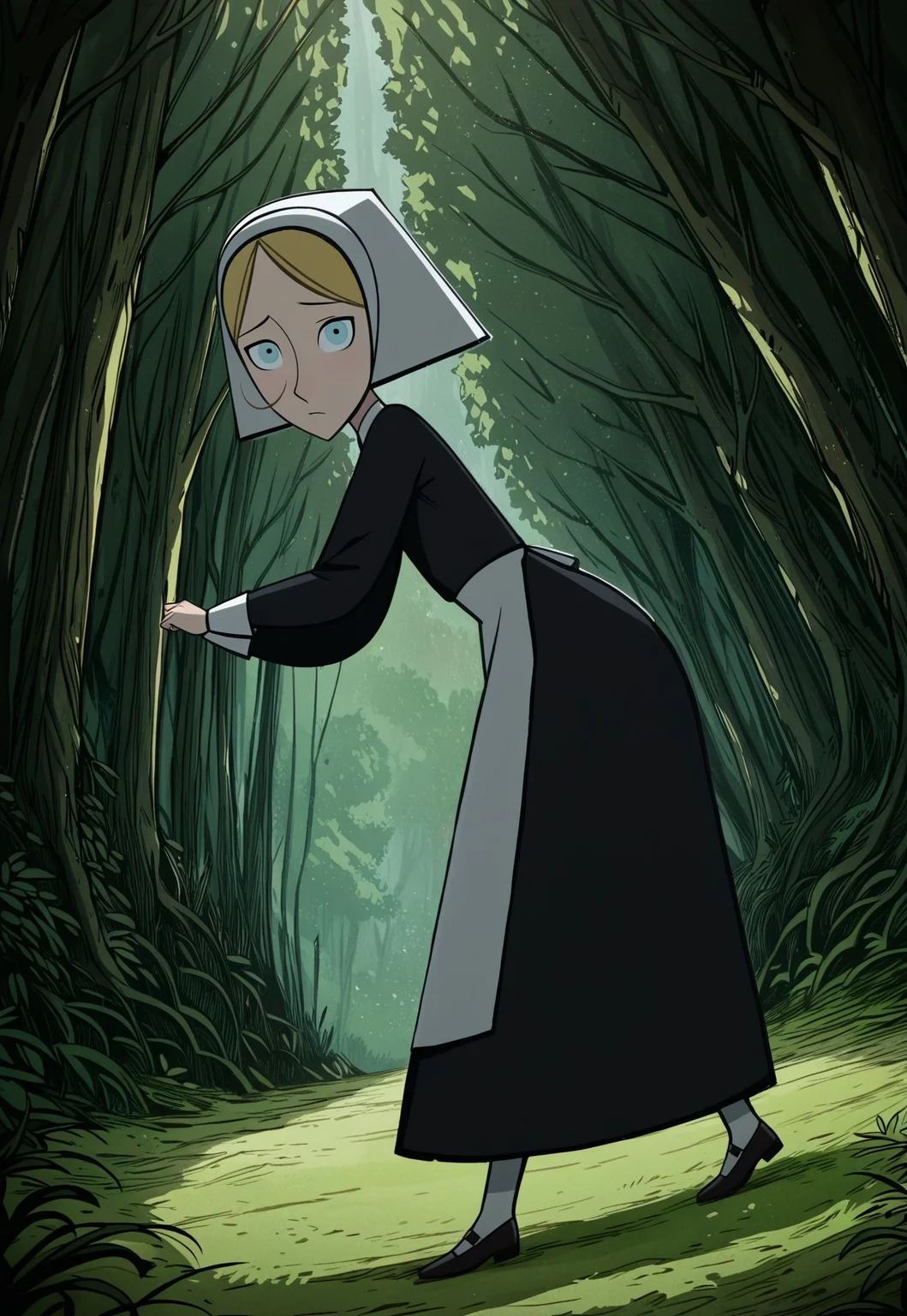 handsfree, masterpiece, best quality, amazing quality, very aesthetic, 1girl, solo, outdoors, forest, full body, looking at viewer, dynamic pose, dynamic angle,
robyn_maid_habit, blonde hair, nun, blue eyes, habit, veil, apron