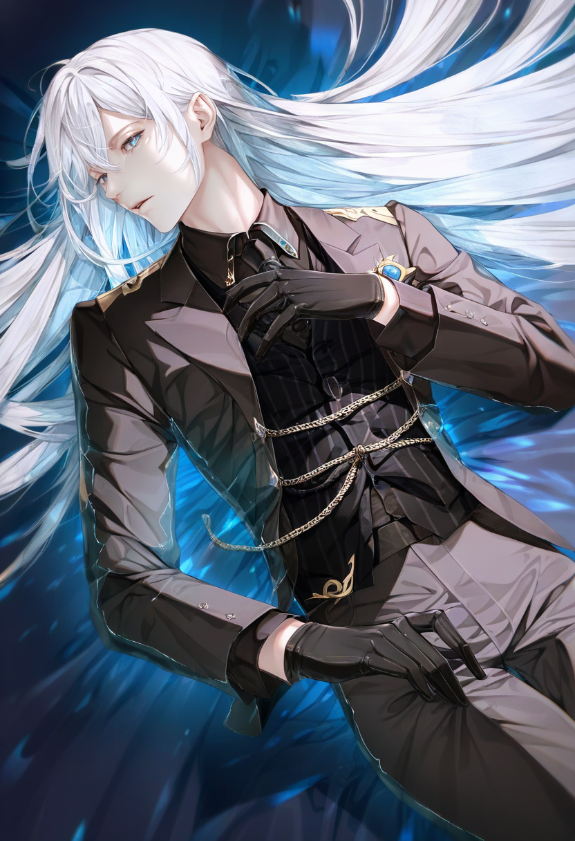 long hair, gloves, solo, 1boy, male focus, shirt, collared shirt, necktie, black gloves, black necktie, pants, vest, looking at viewer, white hair, black vest, formal, blue eyes, black shirt, black pants, long sleeves, parted lips, on back, jacket, black jacket, lying, suit, bangs <lora:cuso4XL_NBVP1_lokr_V6311PZ:0.95>