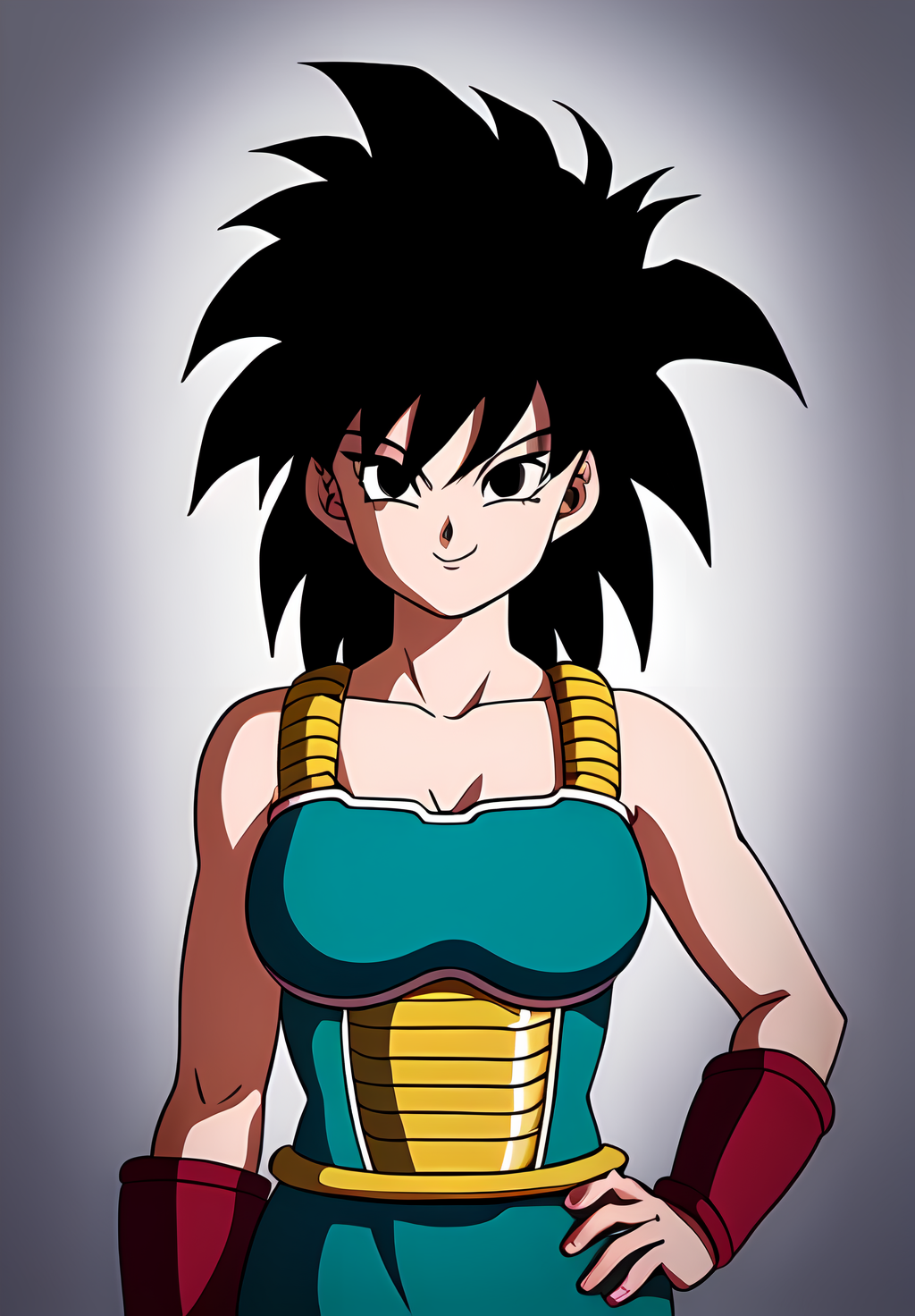 (Photo:1.3), highdetail, <lora:Gine:0.8>, Gine, 1girl, solo, looking at viewer, smile, simple background, bare shoulders, closed mouth, collarbone, upper body, armor, hand on hip, bare arms, black background, wristband, arm at side, outline, saiyan armor, (acclaimed, alluring, captivating, exciting, gorgeous, striking:1.3), (trending on artstation:1.3)