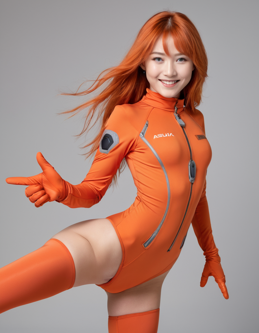 (Asuka:1.3), (red plugsuit:1.2), (looking at viewer:1.1), (happy smile:1.1), (blue eyes:1.1), long (orange hair:1.2) with side up, parted bangs, hair ornament, (bodysuit:1.2) with turtleneck, pilot suit details, bracer, gloves, (outstretched arm:1.1) pointing, index finger raised, legs apart, simple background, hair between eyes, full body side view, foreshortening, skinny physique, small breasts, professional grade, HD resolution,