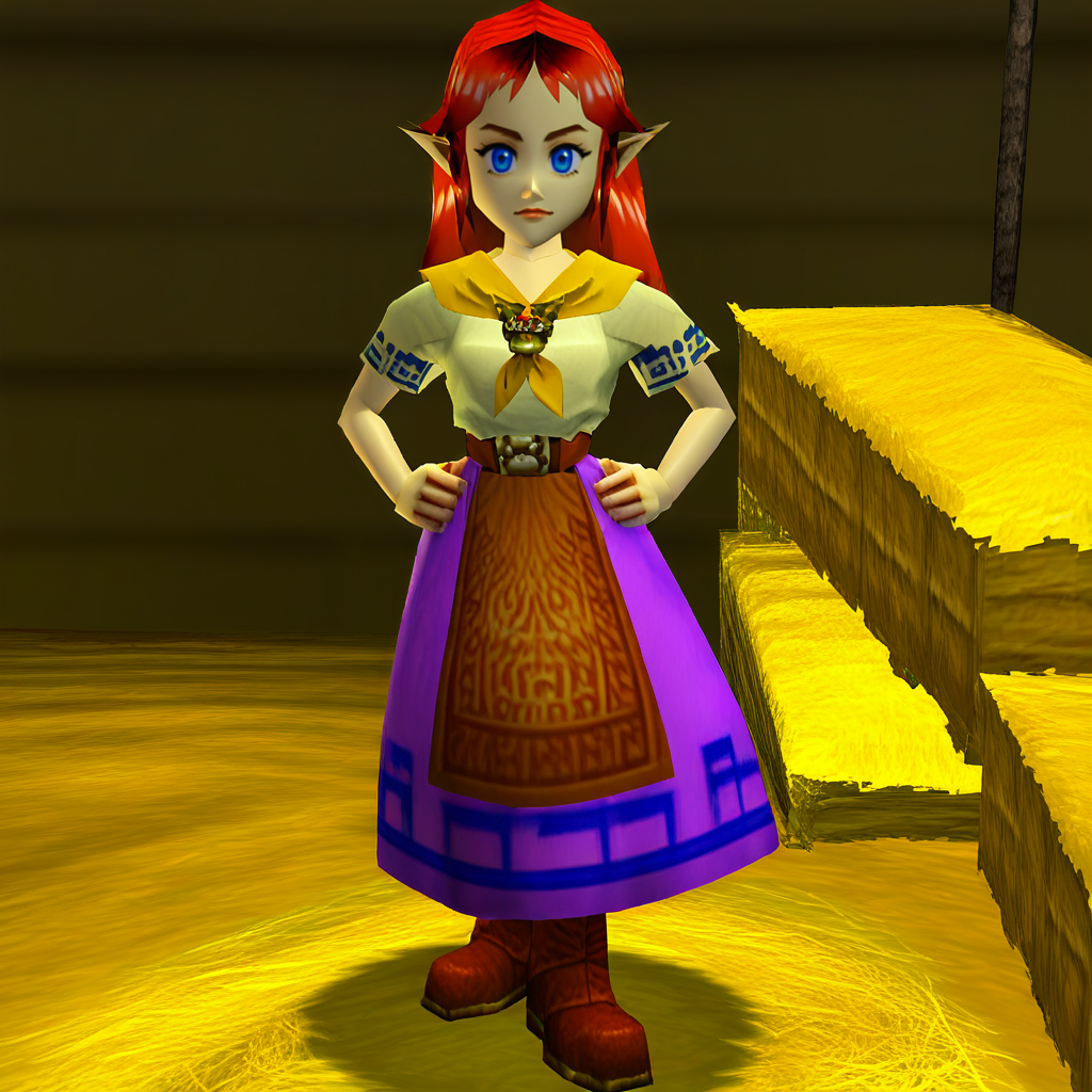 1girl,solo,ccremia,red hair,long hair,parted bangs,blue eyes,pointy ears,yellow neckerchief,brooch,plain shirt,short sleeves,blue trim,brown belt,belt buckle,brown waist apron,purple skirt,long skirt,brown boots,<lora:meh:0.7>,<lora:Ocarina64:1.2>,low poly,an animated character,
indoors,barn,hay bale,
standing,hands on own hips,looking at viewer,confused,<lora:StS_PonyXL_Detail_Slider_v1.4_iteration_3:1.2>,, score_9, score_8_up, score_7_up, perfect anatomy, source_anime, zPDXL2,