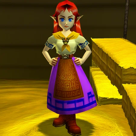 1girl,solo,ccremia,red hair,long hair,parted bangs,blue eyes,pointy ears,yellow neckerchief,brooch,plain shirt,short sleeves,blue trim,brown belt,belt buckle,brown waist apron,purple skirt,long skirt,brown boots,<lora:meh:0.7>,<lora:Ocarina64:1.2>,low poly,an animated character,
indoors,barn,hay bale,
standing,hands on own hips,looking at viewer,confused,<lora:StS_PonyXL_Detail_Slider_v1.4_iteration_3:1.2>,, score_9, score_8_up, score_7_up, perfect anatomy, source_anime, zPDXL2,