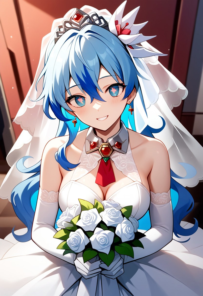 score_9,score_8_up,score_7_up,source_anime, Nia Teppelin,1girl,solo,smile,hair ornament,gloves,dress,jewelry,bare shoulders,blue hair,flower,multicolored hair,hair flower,white dress,two-tone hair,symbol-shaped pupils,rose,veil,bouquet,wedding dress,bridal veil,hair up,cross-shaped pupils,bride,wedding,