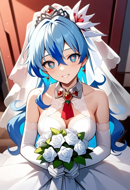 score_9,score_8_up,score_7_up,source_anime, Nia Teppelin,1girl,solo,smile,hair ornament,gloves,dress,jewelry,bare shoulders,blue hair,flower,multicolored hair,hair flower,white dress,two-tone hair,symbol-shaped pupils,rose,veil,bouquet,wedding dress,bridal veil,hair up,cross-shaped pupils,bride,wedding,