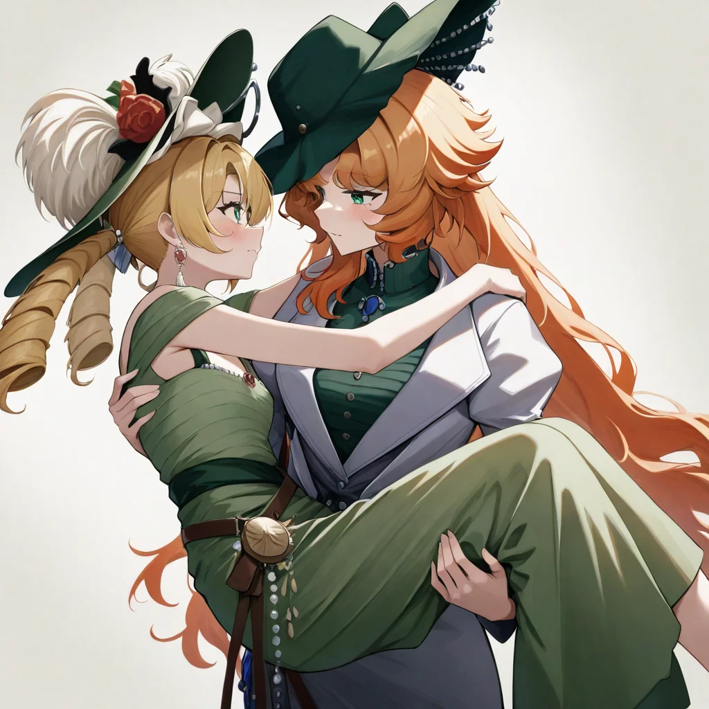 2girls,standing,grey background,,druvis iii\\(reverse:1999\\),
sotheby\\(reverse:1999\\),witch hat,green dress,princess_carry,eye_contact,<lora:1999a:1>, masterpiece, best quality, very aesthetic, absurdres