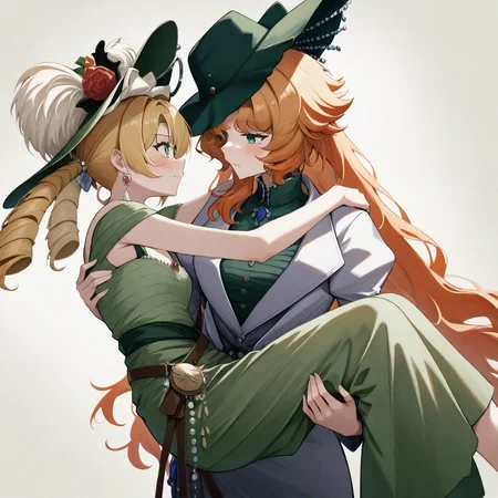 2girls,standing,grey background,,druvis iii\\(reverse:1999\\),
sotheby\\(reverse:1999\\),witch hat,green dress,princess_carry,eye_contact,<lora:1999a:1>, masterpiece, best quality, very aesthetic, absurdres
