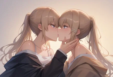 score_9, score_8_up, score_7_up, source_anime, BREAK sitting, 2girls, kissing, long hair, blonde hair, hairclip, ponytail, shiny skin, off-shoulder, shirt, long sleeve, from side