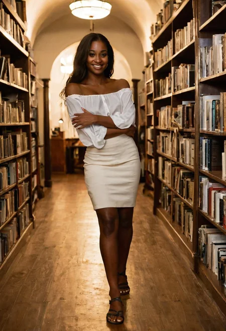 sdxl_astridholgr, masterpiece, best quality, indoor ambient realism, soft storytelling mood, a dark skin woman browsing a cozy bookstore aisle, wearing off-shoulder blouse falling down one arm, tight skirt, and strappy sandals, eyebrows raised subtly, teasing smile, warm light from overhead fixtures, narrow aisle focus, dust motes in sunlight, rich wood and paper detail