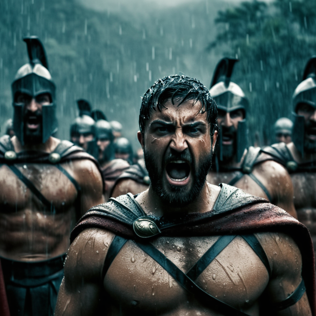 cinematic film still of  <lora:spartan style:1>
In ancient Greece in Sparta a group of different spartan men in the rain with a armor yelling at camera in anger,black hair,male focus,multiple boys,cape,muscular,6+boys,realistic,bald,manly , realistic, realism, photorealism, hyperrealism, hyperrealistic, realistic, sharp, detailed, cinematography style, film light style, movie still,  professional photography, artistic, perfection, contrast, cinematic, filmic, high quality photo,  8k quality, colorful, photography style, different people, war, warrior, armor, spartan army style, spartan warrior style, spartan style, shallow depth of field, vignette, highly detailed, high budget, bokeh, cinemascope, moody, epic, gorgeous, film grain, grainy