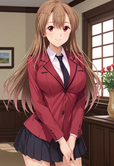 score_9, score_8_up, score_7_up, (absurdres, best quality, masterpiece:1.4), amazing quality, highres, newest, detailed, detailed body, detailed face, source anime, anime coloring, beautiful, 
BREAK
1girl, solo, smile, standing, YurYuna, light brown hair, red eyes, indoors, cosplay, Kizuniform, red blazer, cross tie, white inner shirt, black pleated skirt,