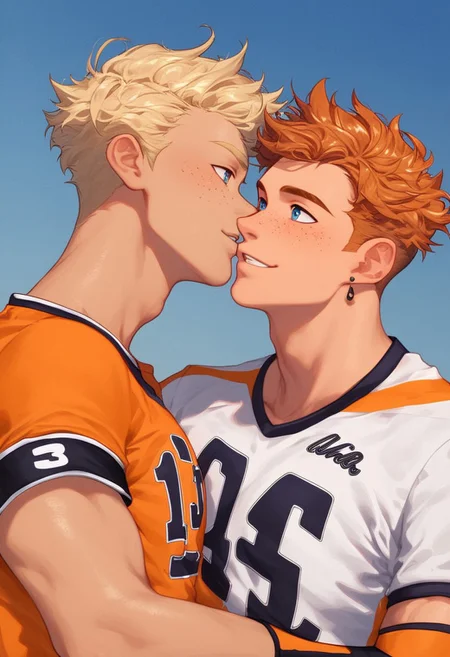 Gay, score_9,score_8_up,score_7_up, 2boys, ((one boy, slender, auburn fluffy hair, blue eyes, scar on face, slender build, cheekbones, handsome, freckles, orange shirt, orange lacrosse jersey, lacrosse gloves,)) next to ((1boys, short blonde hair, hazel eyes, black earrings, cheekbones, muscular, handsome, orange lacrosse jersey, lacrosse gloves, black armbands, shorter)) ) imminent kiss, intense, BREAK, male focus, sunset, close up, hug