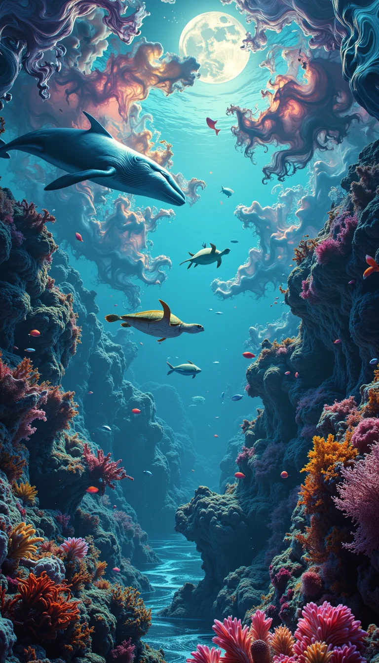 A breathtaking, surreal seascape depicting the "Dreams of the Ocean." Show a vast underwater realm where the dreams of sea creatures manifest as physical phenomena. Imagine sleeping whales projecting gigantic, shimmering thought bubbles containing abstract ocean memories. Coral reefs could be dreaming up new, impossible colors and shapes, actively evolving before our eyes. A group of dreaming sea turtles might be creating a swirling vortex of ancient maritime maps and long-lost ship artifacts. Include scenes of bioluminescent fish weaving their dreams into living light sculptures. The water itself should have a dreamy, ethereal quality, with currents visible as flowing streams of consciousness. Use a rich, deep-sea color palette punctuated by vivid bursts of dreamlike bioluminescence and the soft glow of moonlight filtering from above.