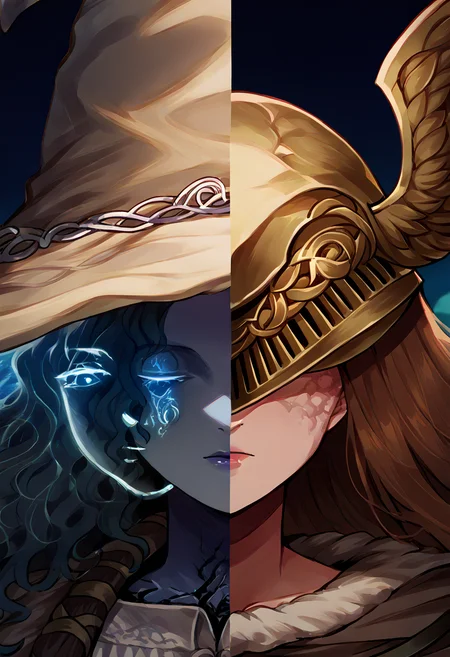 score_9, score_8_up, source_anime, <lora:Splitscreen_XLPD:0.6>, upper body, split screen, splitscreen, outdoors, night,
BREAK <lora:Ranni_XLPD_CAME:1>, IncrsXLRanni, wavy hair, cracked skin, blue skin, colored skin, extra faces, white dress, witch hat, brown cloak, <lora:ExtraFaces_XLPD_CAME:0.5>,
BREAK <lora:Malenia_XLPD:1> MaleniaDef, armor, cape, winged helmet, brown dress, covered eyes, helmet,