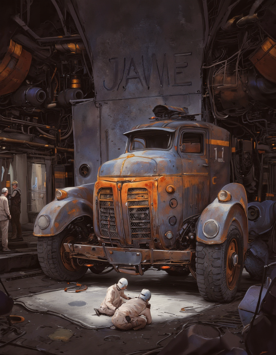 Art by Alejandro Burdisio. A digital illustration shoot from a front camera angle about a futuristic, industrial setting featuring a large, rusted, metallic vehicle with the number 11 prominently displayed in the center. the vehicle is positioned in the middle of the image, surrounded by two men in protective gear, one kneeling on the ground and the other standing nearby. the scene is set in a dimly lit, industrial environment with machinery and cables in the background, and a large "JAME" logo is visible on the wall behind the vehicle. the vehicles have a sleek, futuristic design with a metallic finish and orange stripes running along the sides. the men are wearing white protective suits and helmets, and one of them is holding a tool in his hand, while the other is standing in front of the vehicle, looking at it intently. the overall atmosphere is one of intense detail and realism, with a focus on the vehicles and the industrial setting.