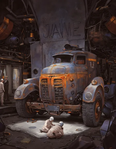 Art by Alejandro Burdisio. A digital illustration shoot from a front camera angle about a futuristic, industrial setting featuring a large, rusted, metallic vehicle with the number 11 prominently displayed in the center. the vehicle is positioned in the middle of the image, surrounded by two men in protective gear, one kneeling on the ground and the other standing nearby. the scene is set in a dimly lit, industrial environment with machinery and cables in the background, and a large "JAME" logo is visible on the wall behind the vehicle. the vehicles have a sleek, futuristic design with a metallic finish and orange stripes running along the sides. the men are wearing white protective suits and helmets, and one of them is holding a tool in his hand, while the other is standing in front of the vehicle, looking at it intently. the overall atmosphere is one of intense detail and realism, with a focus on the vehicles and the industrial setting.