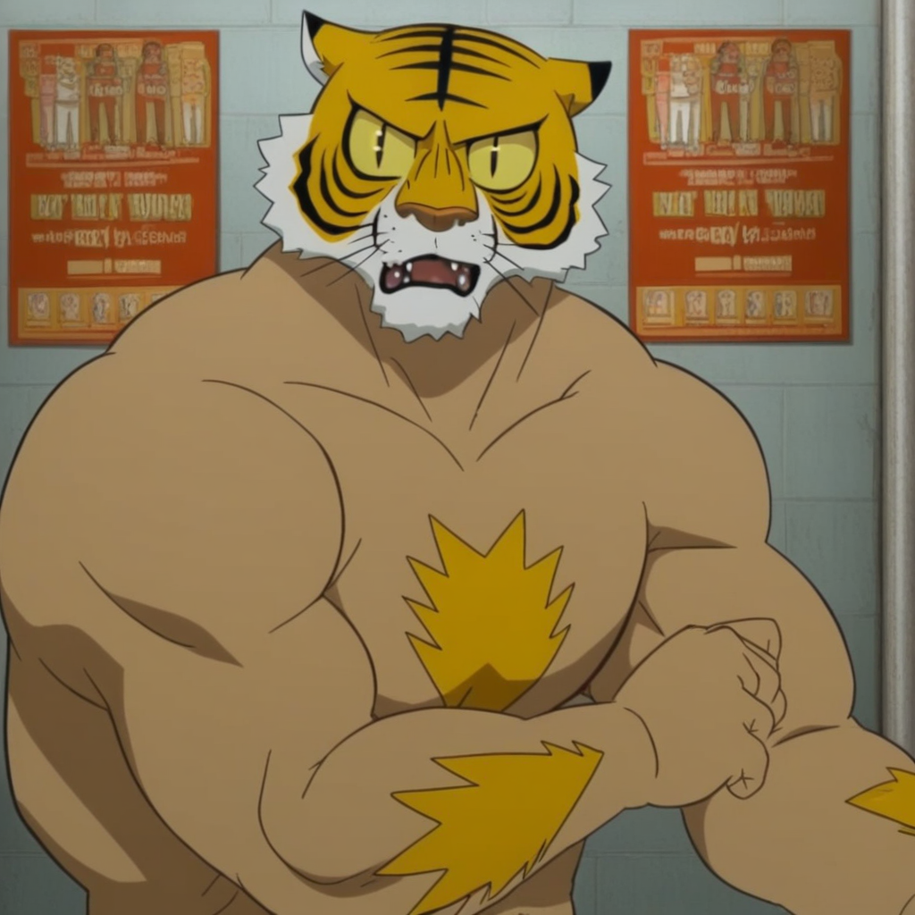 1boy, whiskers, facial hair, animal focus, EL TIGRE, dialogue box, muscular, cosplay, no humans, colored sclera