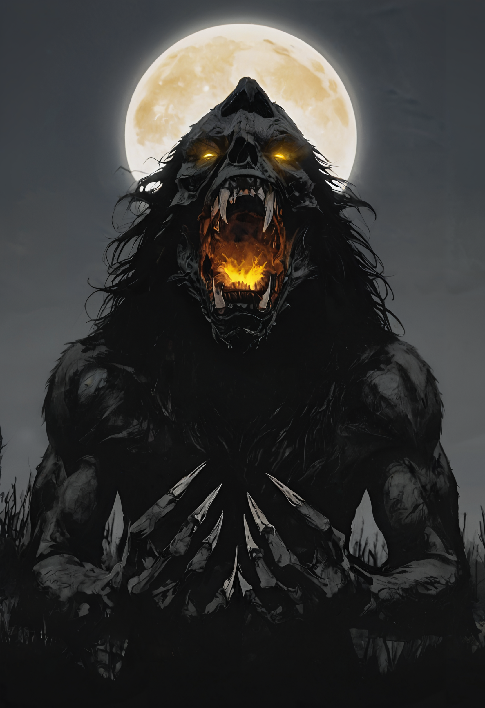 score_9, score_8_up, score_7_up, source_photo, Starry desert camp atmosphere, werewolf, dark fantasy, full moon, glowing yellow eyes, snarling, sharp claws, matted fur, muscular humanoid, blood-stained fangs, eerie forest, foggy atmosphere, moonlight shadows, horror, monstrous transformation, detailed background, grim, cinematic lighting, ultra-detailed, 8k resolution, Mirror reflection view, rating_safe, <lora:pony\nocturnal_indecent:1.0000000000000002>