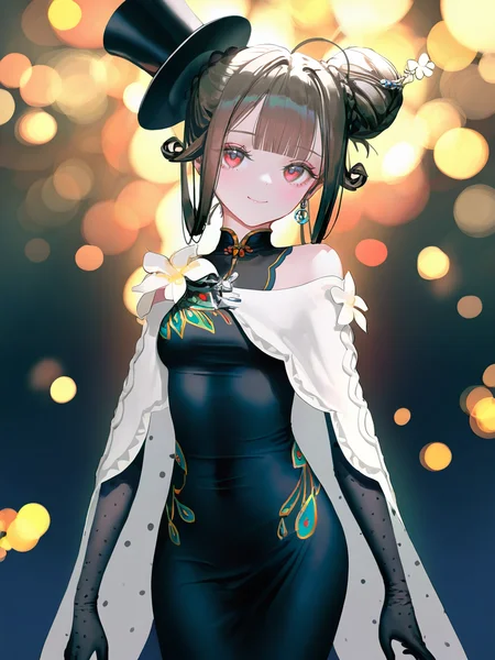 1girl,liqing,solo,simple background,white background,cowboy_shot,standing,looking at viewer,smile,(top hat:1.1),(single hair bun:1.3),,<lora:liqing-000012:0.8>, masterpiece, best quality, very aesthetic, absurdres,newest, incredibly absurdres,, (artist:reoen:0.826446),(artist:machi:0.9),(artist:ningen_mame:0.9),(artist:sho_(sho_lwlw):0.9),(artist:rhasta:0.9),(artist:wlop:0.7),(artist:ke-ta:0.6),(fkey:0.5),(tianliang duohe fangdongye:0.5),(hiten \(hitenkei\):0.6),best quality,amazing quality,(artist:onineko:0.826446),very aesthetic,bokeh, Wisadel,