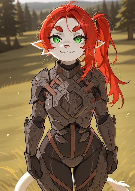 best quality, masterpiece, very aesthetic, absurdres,
Argemia, 1girl, green eyes, solo, red hair, looking at viewer, smile, pointy ears, furry, anthro, armor, bodysuit,