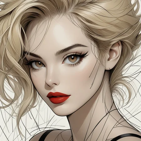 explicit, detailed explicit details
masterpiece,best quality,amazing quality, mature, clean lines, subtle lighting, bold outlines, cel shading, very aesthetic, absurdres, newest, Patrick Nagel inspired,
1girl, medium shot, closeup, portrait, black and white drawing, blonde hair flat colors, solo, brown eyes, red lips, feminine, (ScribbleRay:1.5),