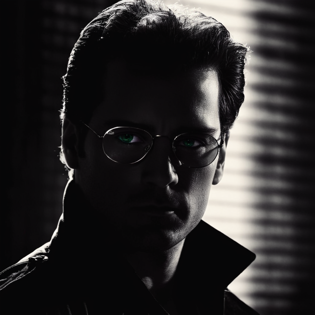 cinematic film still of  <lora:sin city style v2:1>
In Sin City universe a silhouette man with highlighted glowing glasses sin city style,solo,1boy,monochrome,male focus,glasses,portrait,dark,horror (theme),opaque glasses,Frank Miller's Sin City,dark theme,cinematic film,comic book series,graphic novel,Neo-noir,high contrasts,sin city style,closeup , film noir, low key light, dim light, low light, dramatic light, film grain, shallow depth of field, vignette, highly detailed, high budget, bokeh, cinemascope, moody, epic, gorgeous, film grain, grainy