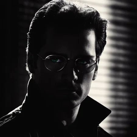 cinematic film still of <lora:sin city style v2:1>
In Sin City universe a silhouette man with highlighted glowing glasses sin city style,solo,1boy,monochrome,male focus,glasses,portrait,dark,horror (theme),opaque glasses,Frank Miller's Sin City,dark theme,cinematic film,comic book series,graphic novel,Neo-noir,high contrasts,sin city style,closeup , film noir, low key light, dim light, low light, dramatic light, film grain, shallow depth of field, vignette, highly detailed, high budget, bokeh, cinemascope, moody, epic, gorgeous, film grain, grainy