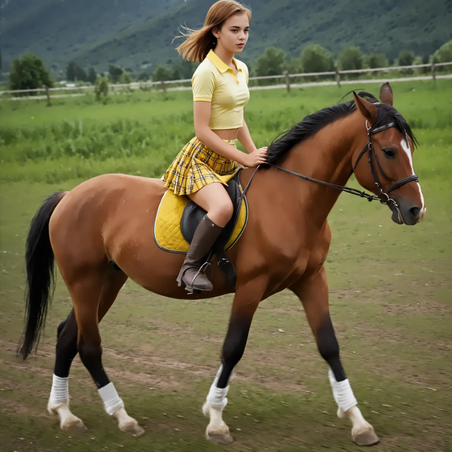 RiHorse, side_view++ (slim 25yo girl) riding a galloping horse. The girl wears yellow short skirt and yellow shirt. The girl has short brunette hair <lora:RideHorse:1>
