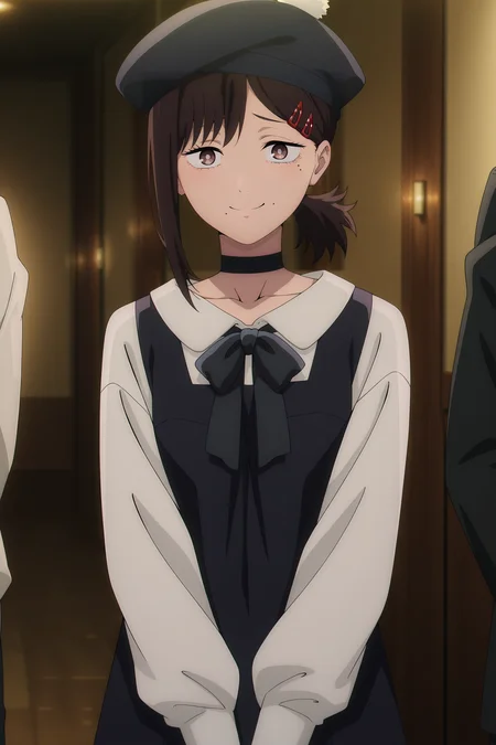 volumetric lighting, official style, amazing quality, ultra detailed, highres, detailed background, anime screenshot, anime screencap, anime coloring, masterpiece, detailed face,1girl <lora:Kobeni_Higashiyama__:0.9>kobeni, mole, hairclip, hair ornament, choker, hat, black choker, single sidelock, mole under eye, brown hair, beret, mole under mouth, white shirt, shirt, short ponytail, collared shirt, bow, looking at viewer, multiple moles, short hair, bowtie, smile, blurry background, dress, solo focus, blurry, brown eyes, pom pom (clothes), black bowtie, black bow