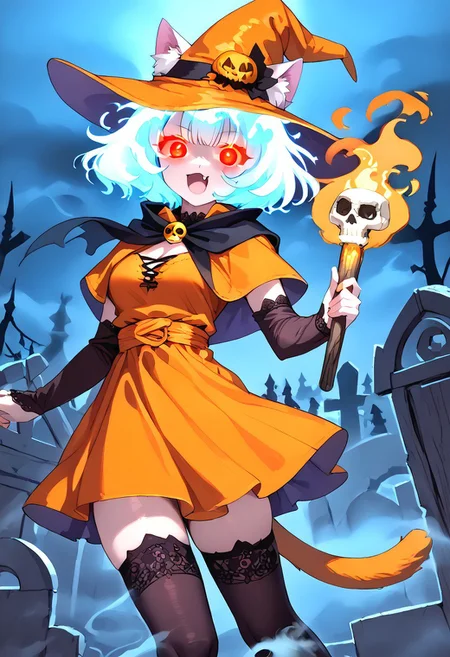 (masterpiece), (score_9, score_8_up, score_7_up,source_anime), 4K8K, 
(from behind:1.2), Floating Halloween pumpkins, 
halloween, halloween fantasy, trick or treat, adjusting clothes, 
Japanese cute woman, closed legs, (solo), cream skin, burning pumpkin, Fire Ball spell casting, (dark aura:1.4), open mouth, Canine, tooth, fang, cat tails, 
(medium figure:0.9), (pointy breasts:1.1), 
(opal hair, bob cut hair), (red glowing eyes, slanted eyes:1.2), 
(wearing orange Witch Costume, witch, orange dress, orange hat, zettai ryouiki, orange garterbelt,  thighhighs:1.2), misty, steam, fog, skull object, burning skull, burningeye, flaming eye, Torch, 
(in Foggy graveyard at dark night:1.3), nekomata, cat girl, cat ears, animal ears, animal ear fluff,