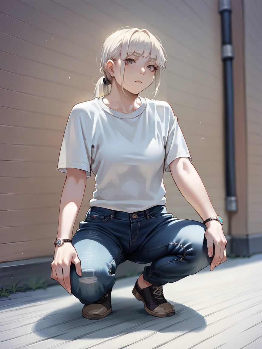 score_9, score_8_up, score_7_up, score_6_up, score_5_up,  <lora:n1nj4squatXLP:0.8> n1nj4 squat, solo, 1girl, source_anime, jeans, t-shirt, long hair,