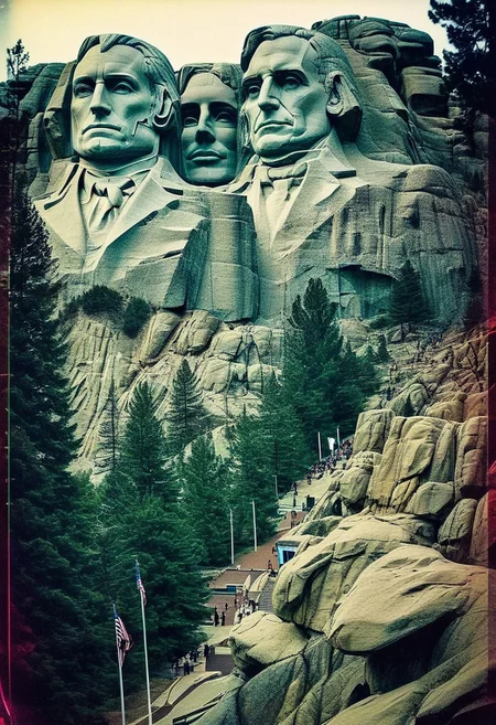 ()Hyoer Realistic:2.0)Polaroid picture 
 (Cyberpunk future theme:1.67) The Mount Rushmore National Memorial is a national memorial centered on a colossal sculpture carved into the  the Black Hills near Keystone, South Dakota,
