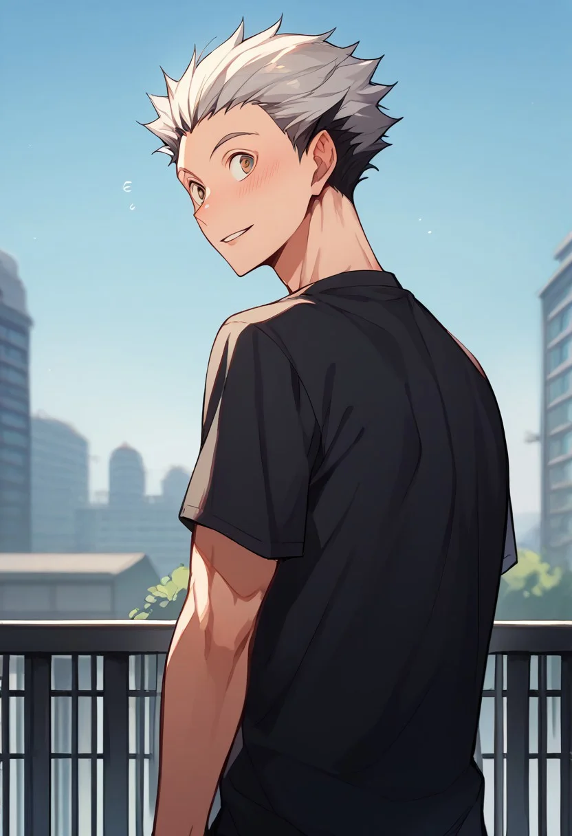 score_9, score_8_up, score_7_up, source_anime, rating_safe, Bokaikyu, 1boy, male focus, black shirt, wide eyed, parted lips, blush, slight smile, shy, from behind, from side, looking back, blurry outdoor sky, rooftops, railing,