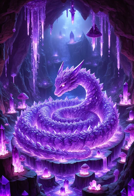 The Amethyst Dragonâs Hollow
A massive dragon, made of sparkling amethyst crystals, sleeps coiled inside a cavern entirely formed of jagged crystalline walls. Its shimmering body reflects the dim purple glow of bioluminescent amethyst mushrooms scattered across the cavern floor. Pools of molten amethyst lava bubble softly, casting rippling light on the creature's translucent, faceted scales. Stalactites of pure amethyst crystals hang from the ceiling like daggers, framing the sleeping dragon in otherworldly grandeur.
