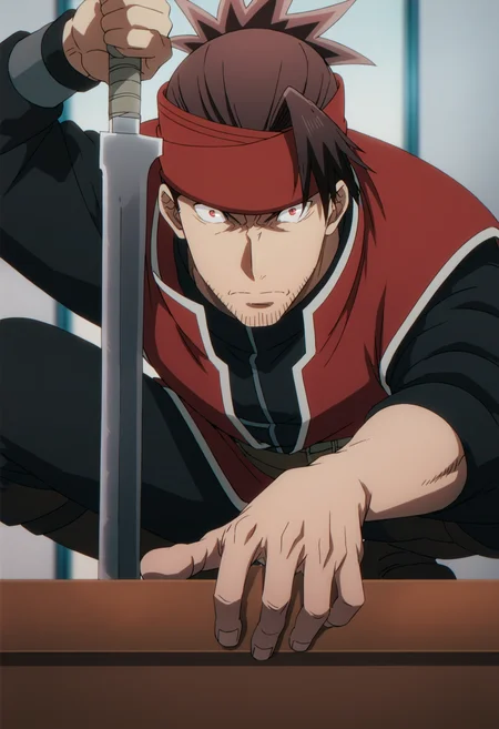 1boy,  rex_eminenceinshadow, brown hair, slicked back hair, ((top knot)), red headband, red eyes, stubble, black under shirt, red vest, veiny arms, score_7_up, score_6_up, score_8_up, score_9, ((anime color)), looking at viewer, detailed eyes, 8k uhd, high quality, medieval, room, expressionless, squatting, squatting on table, front view, angry, holding blade, arm up, close up