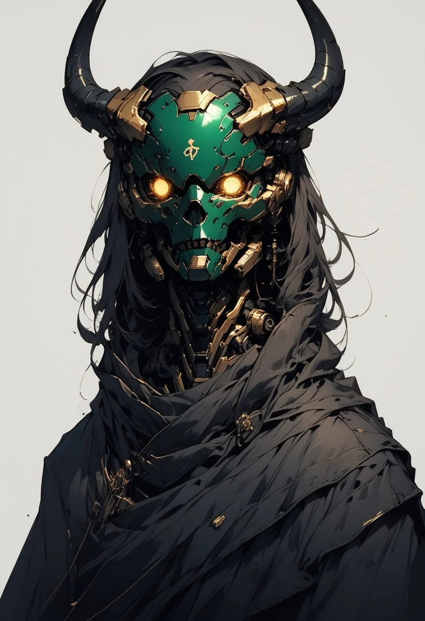 score_9,score_8_up,score_7_up, g0ldl34f, solo, 1head, forest green helmet, no humans, glowing mechanical eyes, intricate ram horns, robot, mecha, beaten brown cloak, science fiction, cyborg, mechanical parts, humanoid robot, science fiction, sinozick style, flat color, dark theme, Expressiveh, l0g0, simple background