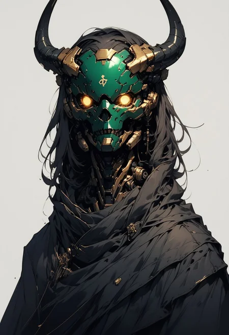 score_9,score_8_up,score_7_up, g0ldl34f, solo, 1head, forest green helmet, no humans, glowing mechanical eyes, intricate ram horns, robot, mecha, beaten brown cloak, science fiction, cyborg, mechanical parts, humanoid robot, science fiction, sinozick style, flat color, dark theme, Expressiveh, l0g0, simple background