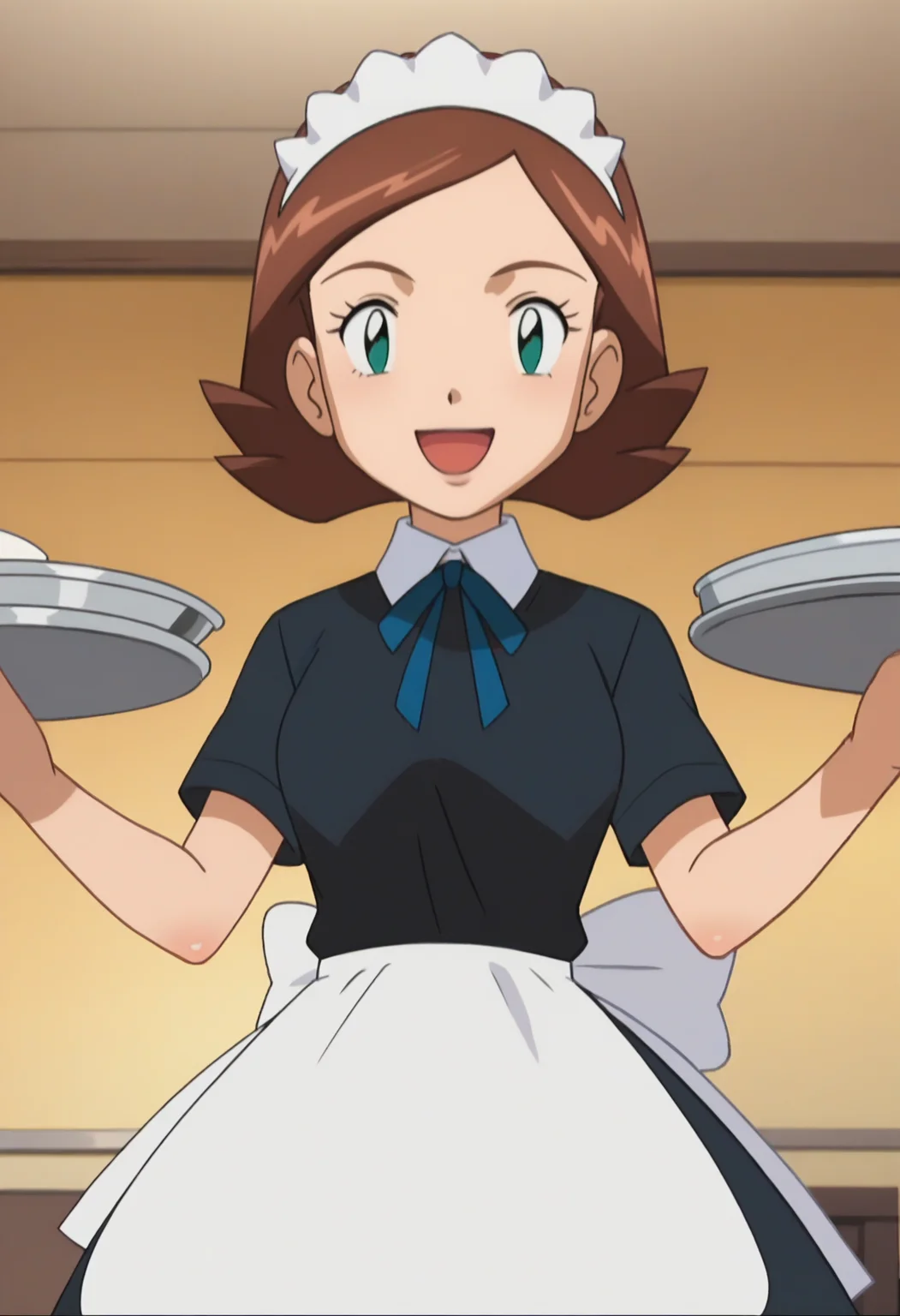 score_9, score_8_up, score_7_up, score_6_up, anime screencap, anime coloring, <lora:PMRhodaRhondaSis_epoch_8:0.8>, PMRhoda, brown hair, short hair, green eyes, maid headdress,
blue ribbon, neck ribbon, black shirt, short sleeves, black skirt, waist apron, grey pantyhose,
looking at viewer, smile, open mouth, holding tray,
BREAK indoors,