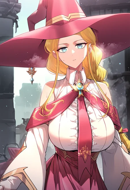 score_9, score_8_up, score_7_up, score_6_up, source_anime, rating_explicit, 1girl, solo, huge breasts, <lora:Arua Ravenponyxl:1> blonde hair, long hair, blue eyes, braid, pink hair ribbon, braided ponytail, witch hat, brooch, pink necktie, white shirt, collared shirt, sleeveless shirt, dress, detached sleeves, long sleeves, wide sleeves, bridal gauntlets, pink skirt, red skirt, white thighhighs, expressionless, Narrow shoulders, heavy breathing, steaming body, ruins, outdoors, looking at viewer, close-up