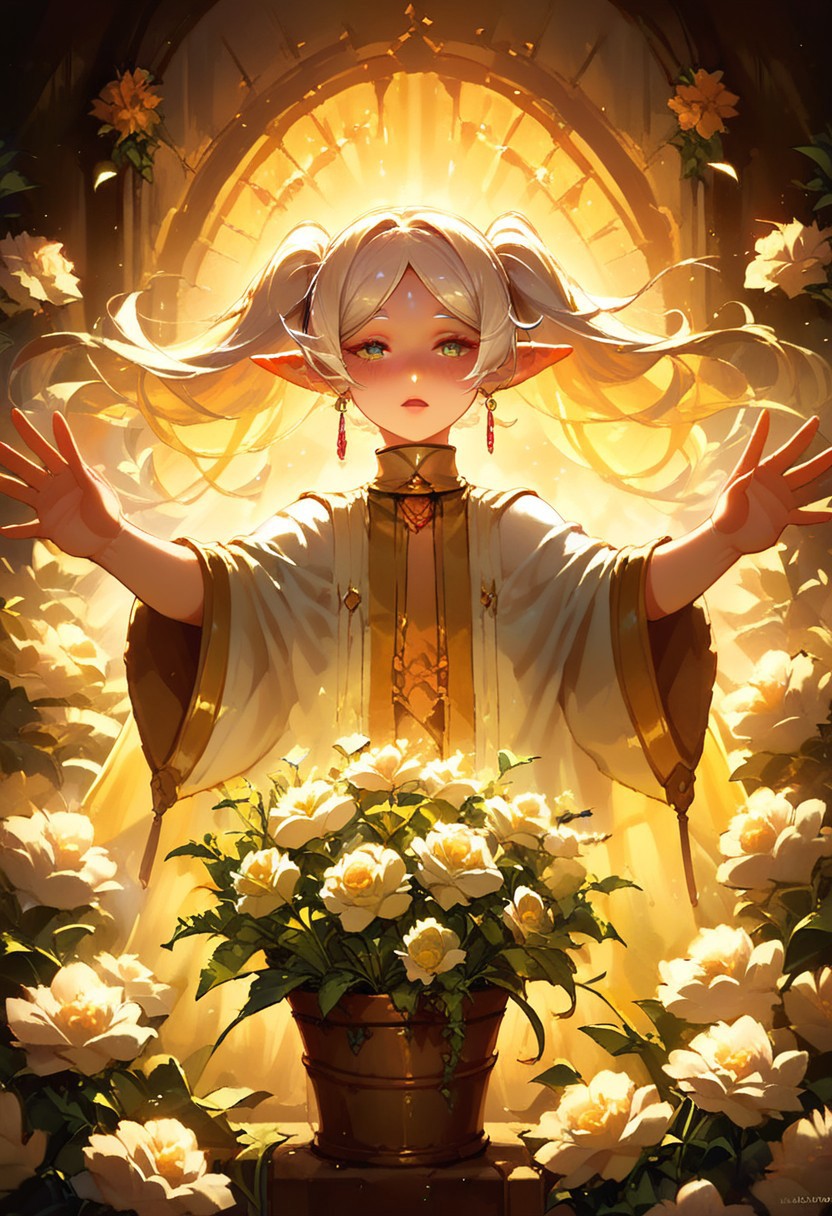 score_9, score_8_up, score_7_up, 
(rainbow, outstretched arms, arms up), 
frieren, 
green eyes, detailed eyes, perfect eyes,
white hair, long hair, twin tails, 
thick eyebrows, silver eyebrows, silver eyelashes, 
blushed,
pointy ears, earrings, 
shiny skin, clear skin, elf, 
daisies (flowers), 
masterpiece, romantic, fantasy, soft lighting, best quality, very aesthetic, absurdres