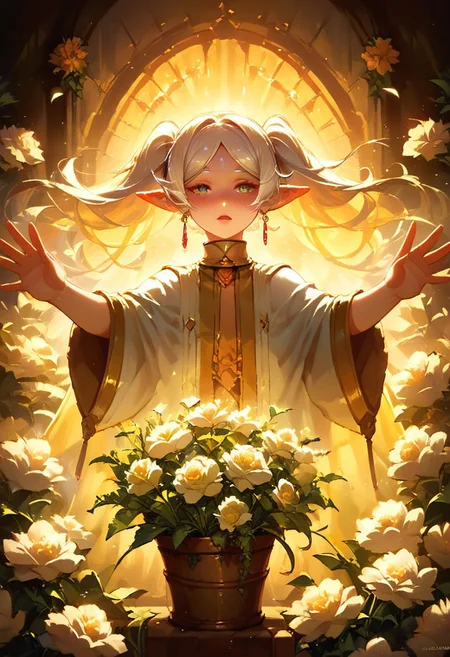score_9, score_8_up, score_7_up, 
(rainbow, outstretched arms, arms up), 
frieren, 
green eyes, detailed eyes, perfect eyes,
white hair, long hair, twin tails, 
thick eyebrows, silver eyebrows, silver eyelashes, 
blushed,
pointy ears, earrings, 
shiny skin, clear skin, elf, 
daisies (flowers), 
masterpiece, romantic, fantasy, soft lighting, best quality, very aesthetic, absurdres
