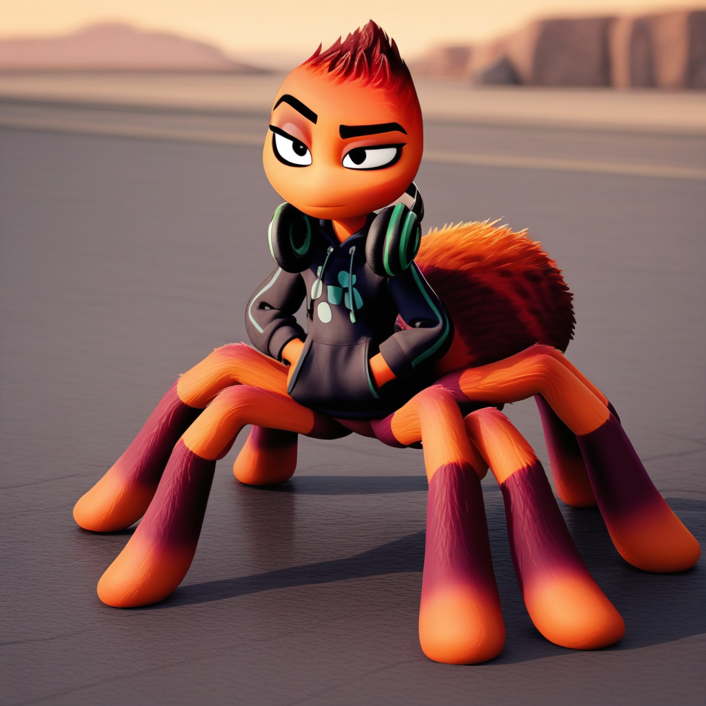 score_9, mstaran, spider girl, black eyes, hoodie, headphones around neck, hands in pockets, outdoors,