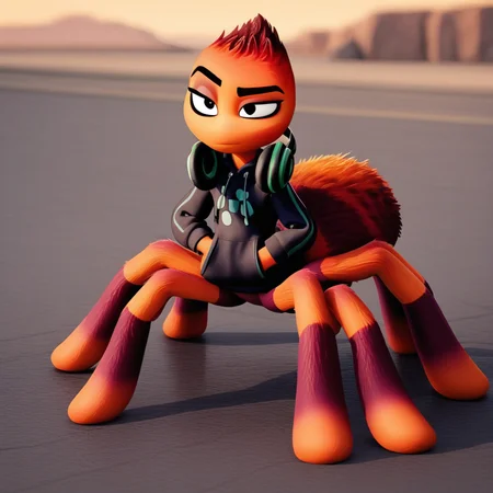 score_9, mstaran, spider girl, black eyes, hoodie, headphones around neck, hands in pockets, outdoors,