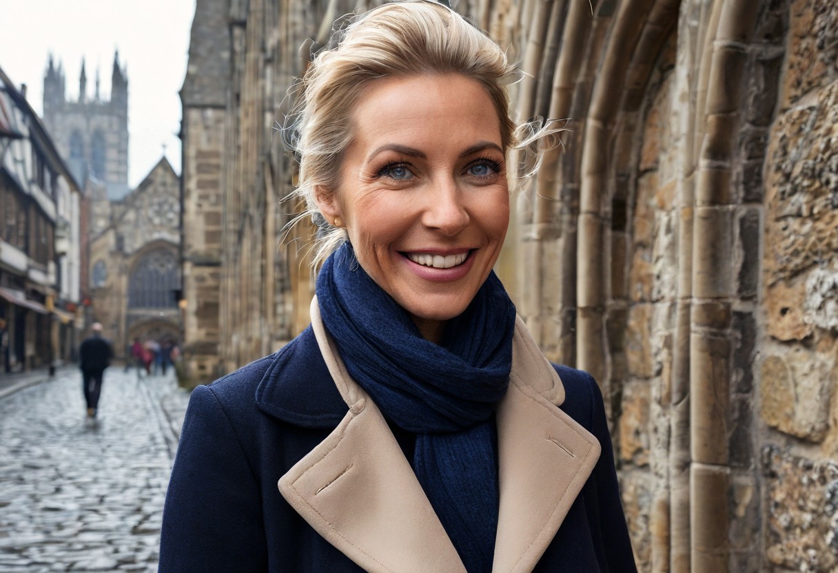 A hyper-detailed, high-resolution (8K) travel portrait of a 40-year-old woman with sleek blonde hair tied back,Her striking blue eyes, natural laugh lines, and subtle wrinkles give her a grounded, elegant charm **Olivia wears a deep navy wool pea coat, scarf loosely wrapped around her neck, as she walks along the ancient stone walls of York Minster. The background shows the cobbled streets and half-timbered buildings of The Shambles, with morning mist adding a soft glow to the scene.**